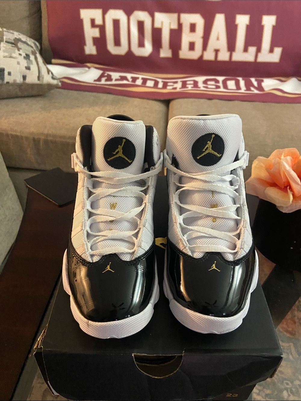 Jordan Kids Retro 11 Sneakers - White and Black with Gold Jumpman